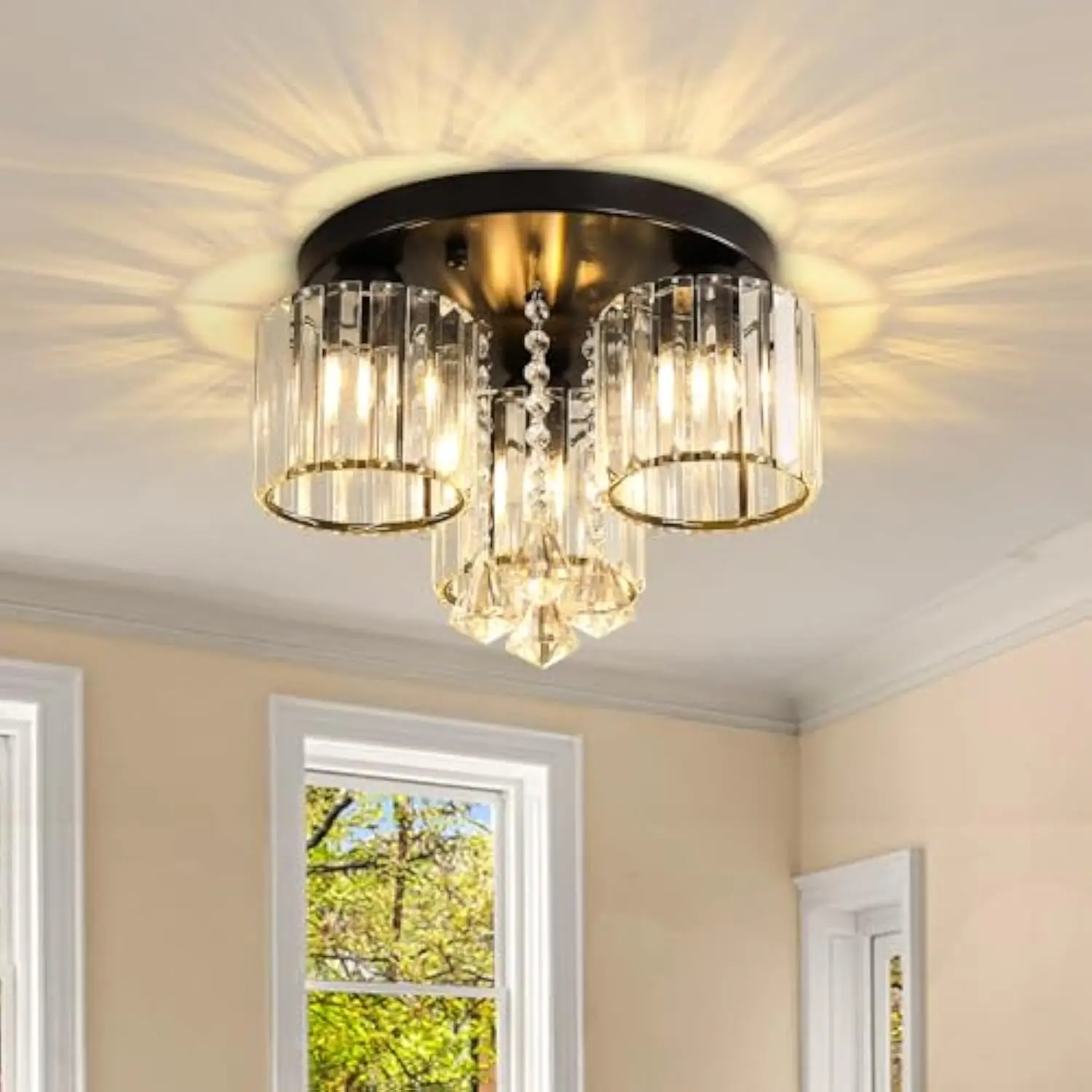 

Black Farmhouse Ceiling Light for Bedroom, 3-Lights Crystal Chandelier Lighting Fixtures Drum Lights for Dining Room Kitchen En