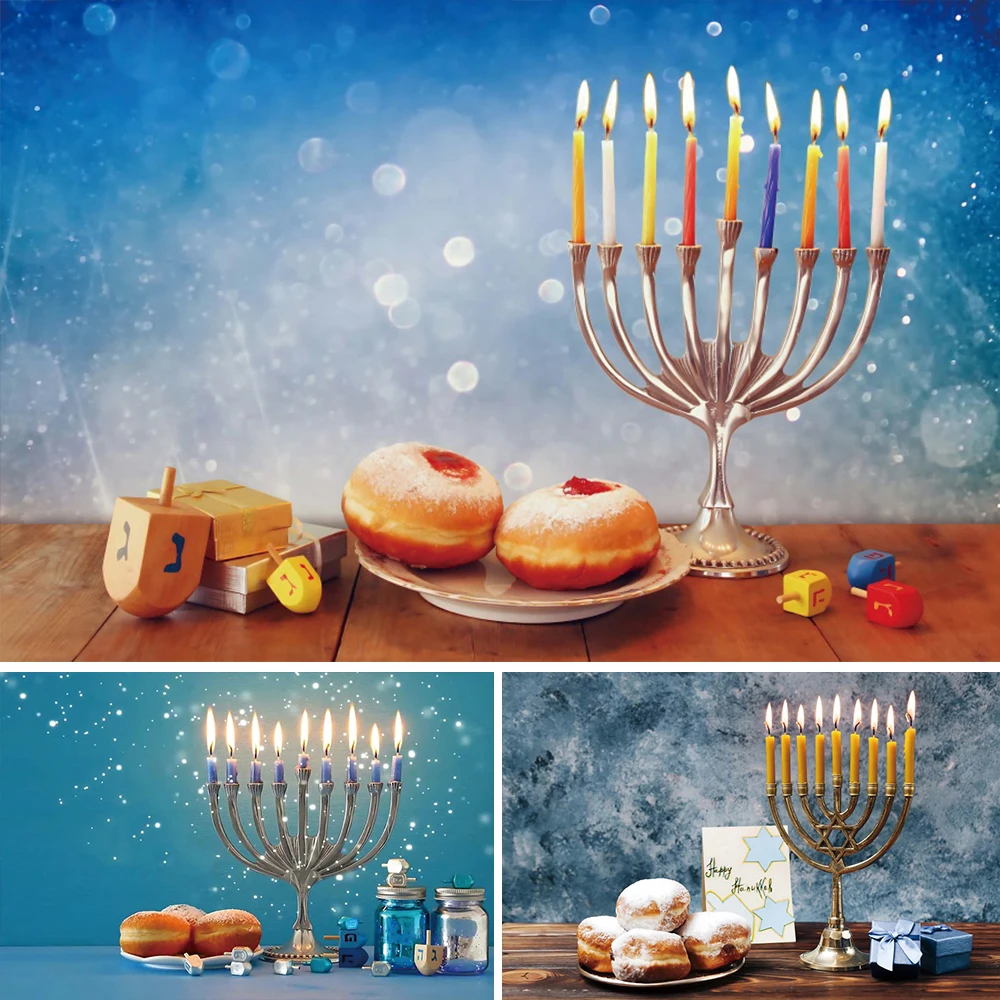 Judaism Happy Hanukkah Photography Background Chanukah Menorah Candles Bread Holy Holiday Festival Family Party Decor Backdrop