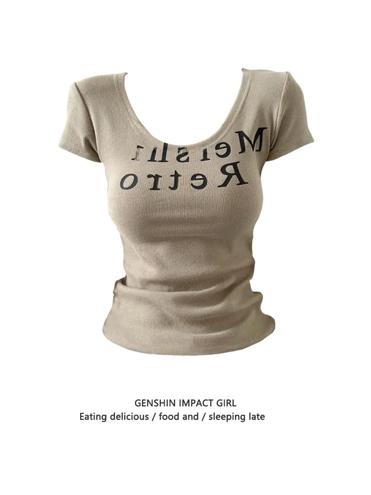 

Mod U-ne Letter Print Slimming Women's T-irt Summer New Sle Sexy American Girl Base irt Long Sve Cool Feeling