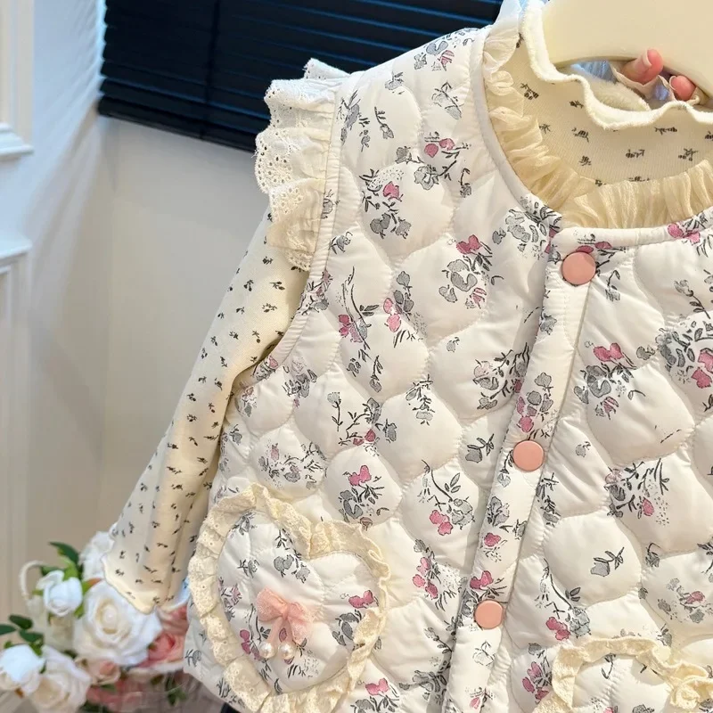 UNITIM Herbst Winter Kinder Mädchen Weste 2-8 Jahre Mädchen Blumendruck Ärmellose Jacke Lose Verdickte Warme Kinder Mädchen Oberbekleidung – Detail 2