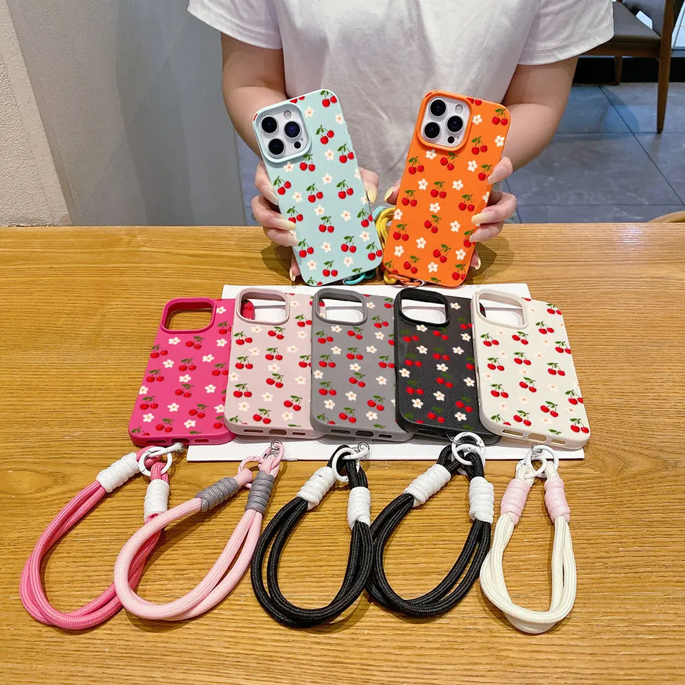 Bumper Phone Case For iPhone 17 16 14 15 11 12 13 Pro Max X XR XS16 15 14 Plus 17 Air With Lanyard Matte Korean Red Cherry Cover view 6