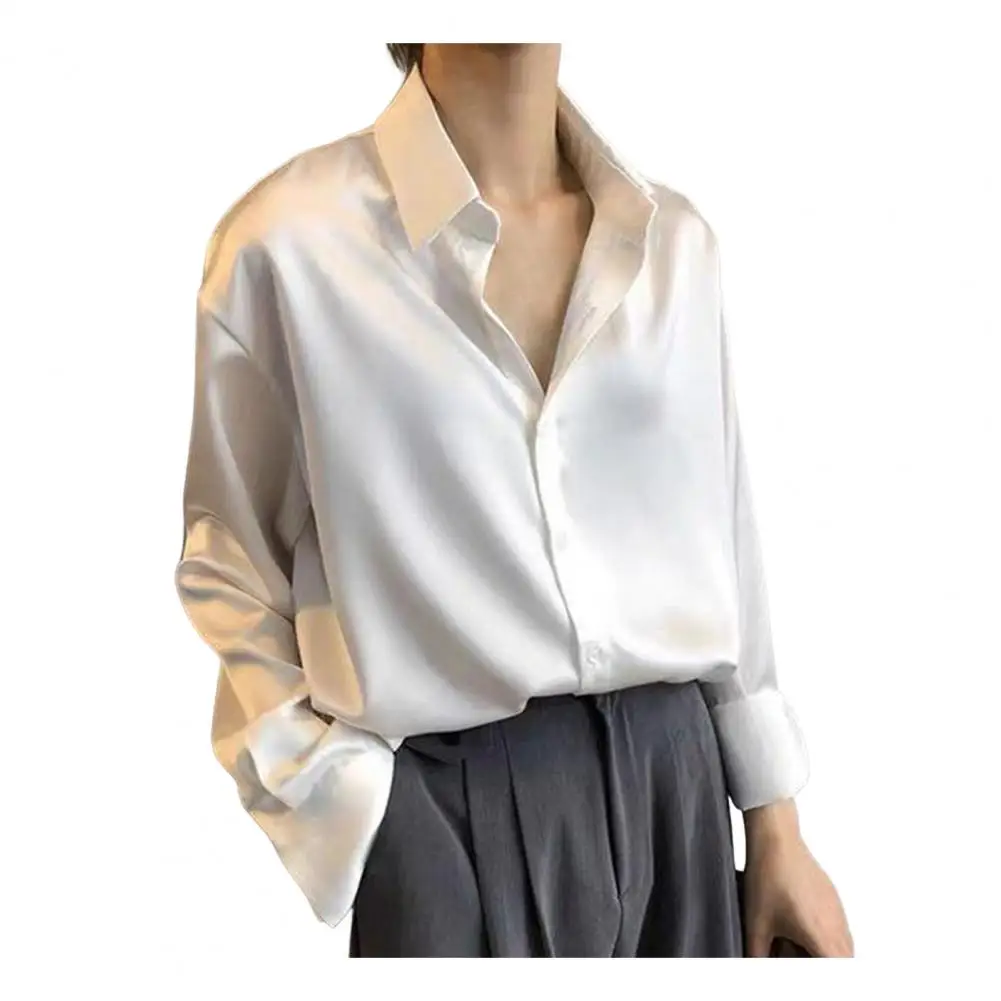 Autumn Fashion Button Up Satin Shirt Vintage Blouse Women White Lady Long Sleeves Female Loose Street Shirts