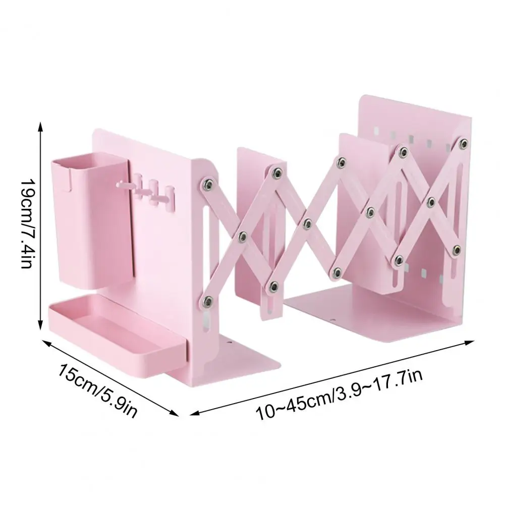 Sujetalibros retráctiles con 3 divisores, extremos de libros de Metal, estante de almacenamiento de libros pesado expandible, soporte para bolígrafo extraíble, bandeja, estantería
