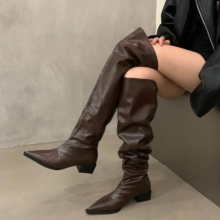 

Women Slip on Over The Knee High Boots Autumn Winter Fashion Stretch Soft Leather Pointed Toe Thick Heel Long Boots Botas Mujer
