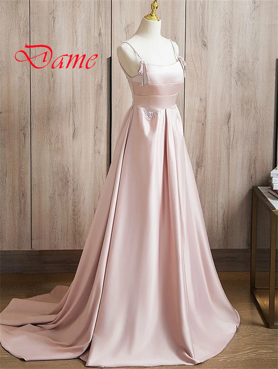 Customized  Graceful Light Pink Satin Evening Dress Exquisite Square Collar Spaghetti Straps Sleeveless Lace Up Back Prom Dress