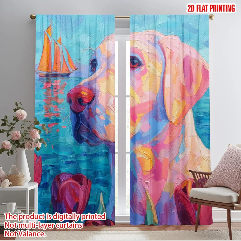 

2pcs 2D flat printing Curtain Dog Tulips Sailboat Ocean Landscape Polyester Without Electricity Family Party Use for Outdoor and
