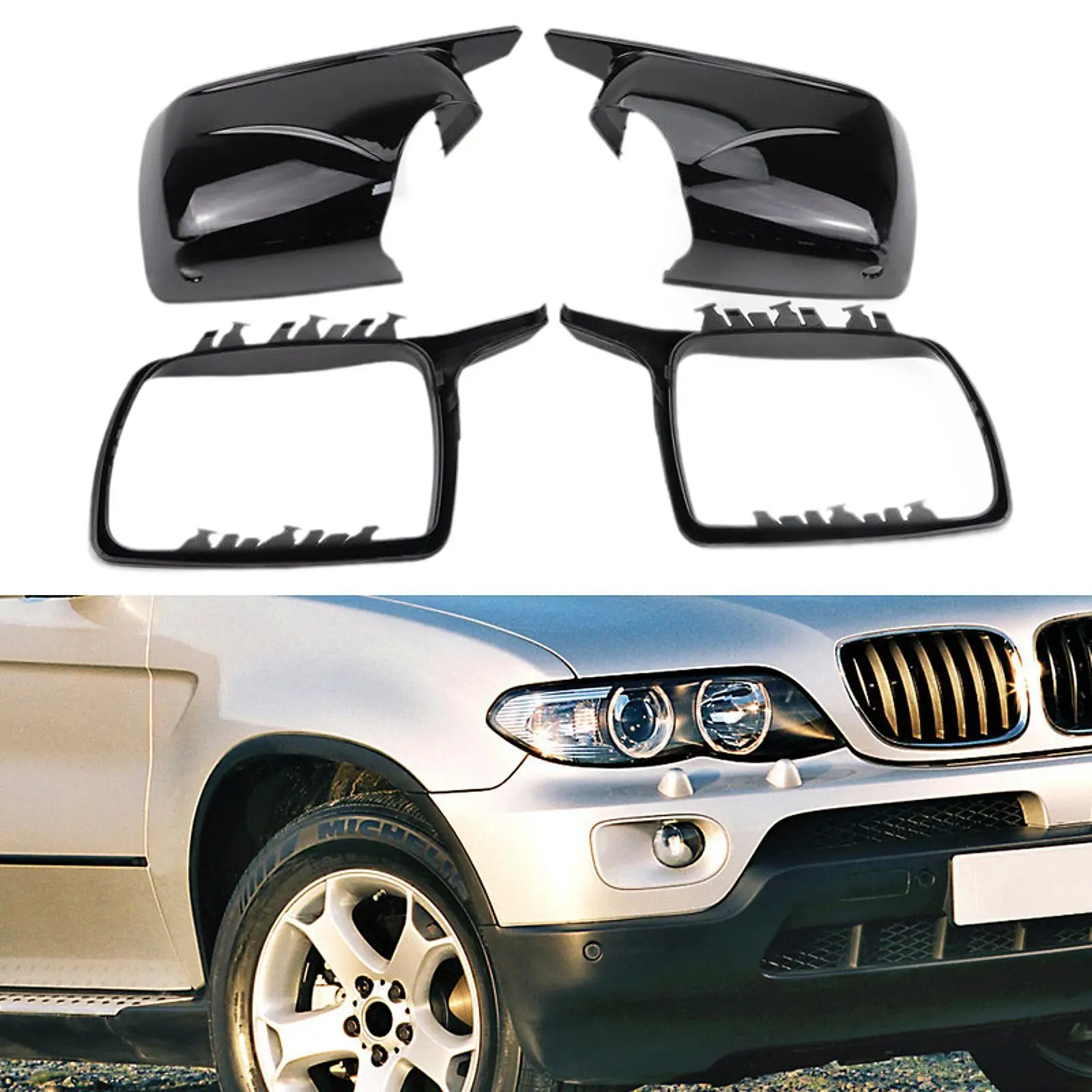 

4Pcs Rearview Mirror Cover Replace Parts Rear View Mirror Case Black Easy Installation Accessories for BMW E53 x5 1999-2006