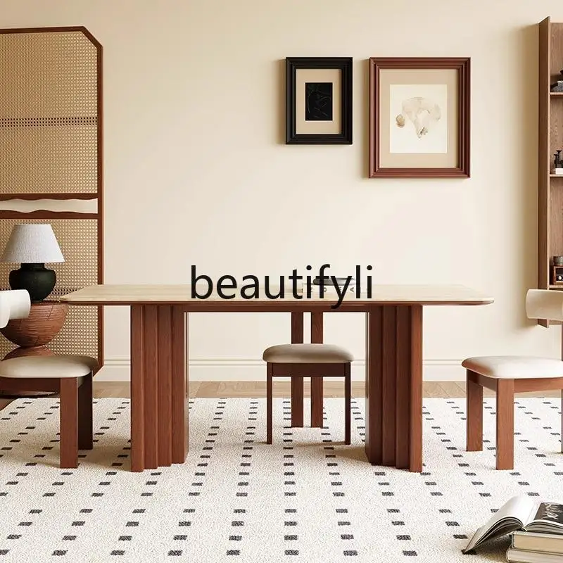 

Medieval travertine rock slab dining table Solid wood French cream style retro dining table Small apartment