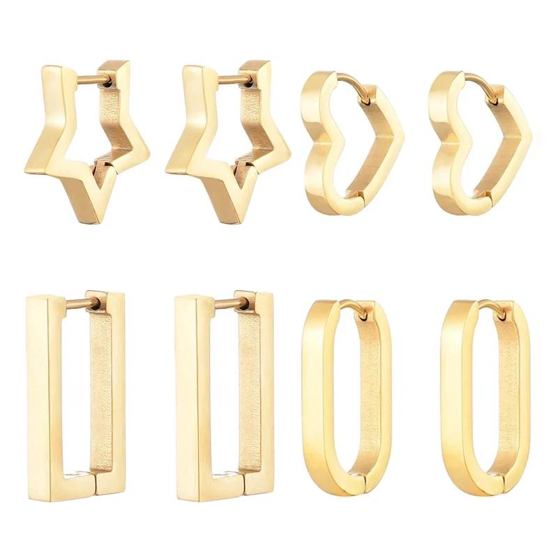 Fashion Stainless Steel Hoop Earrings For Women Men Heart Star Oval Rectangle Round Triangle Gold Color Punk Hip Hop Jewelry