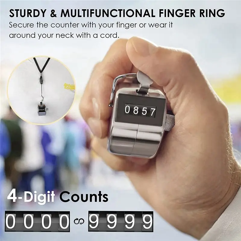 GTBL 2 Pack Metal Hand Counter Four-Digit Counter With Lanyard Silver Counter Click Counter Handheld Click Counter