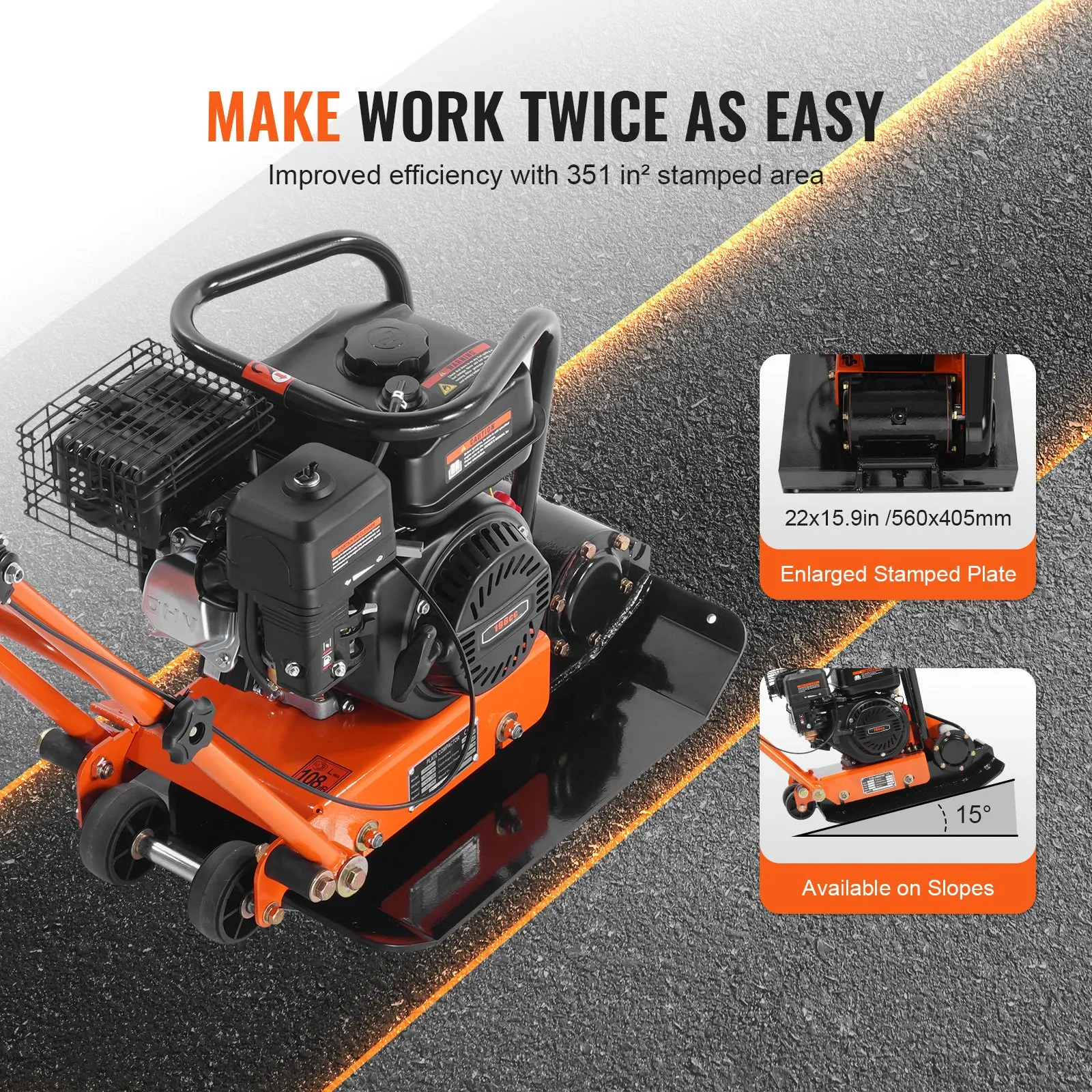 

Vibratory Compaction Tamper, 6.5 HP, 196CC Gas Engine, 4,200 Lbs Force, 5,600 VPM Plate Compactor With 22.1 X 15.9 In Plate For