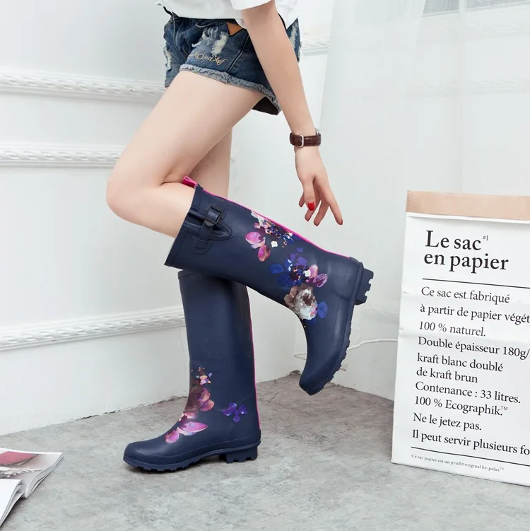 Fashion Ladies High-top Rain Boots Rain Boots Navy Blue Flower Water Shoes Rubber Sleeve Long Rain Boots