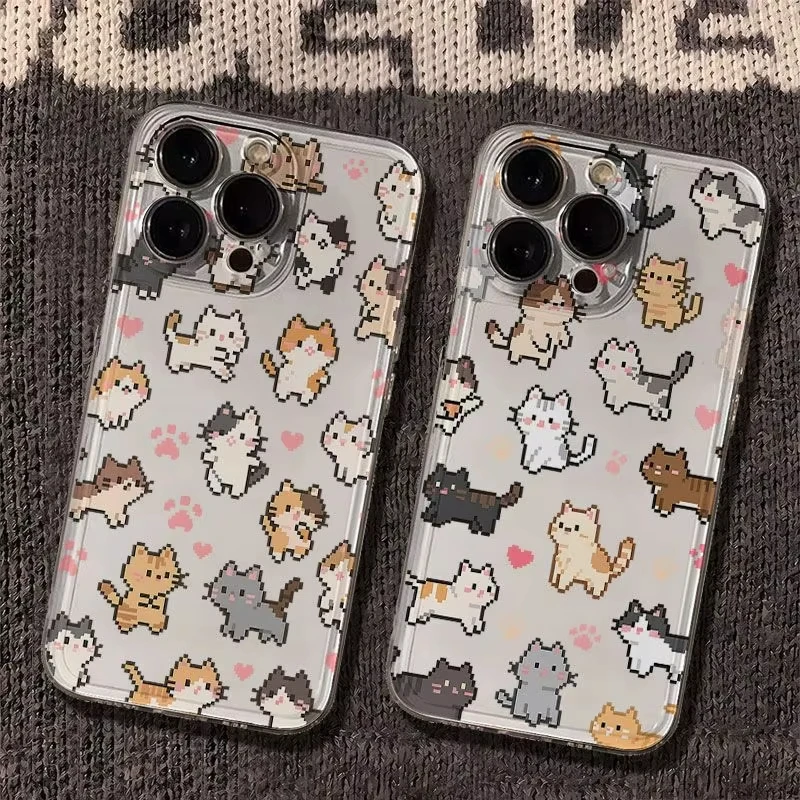 INS Cute Pixel Kitten Phone Case For Samsung S26 S25 S24 S23 S22 S21 S20 FE Note20 Plus Ultra Lite Edge 5G Clear Soft TPU Cover