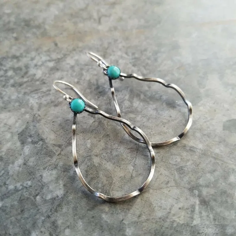 BKBK Oxidized Wavy Teardrop Open Hoop Tiny Round Turquoise Wire Hook Dangle Women Earrings Wedding Earrings for Christmas Valentine 4th of July Western Boho Minimalist Bridal Jewelry for Brides Bridesmaids Adult Ladies Daily Ranch Occasion