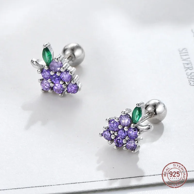 925 Sterling Silver Grape Green Leaf Stud Earrings for Girls Unique Fruit Korean Fashion Ear Bone Nail Ladies Piercing Jewelry