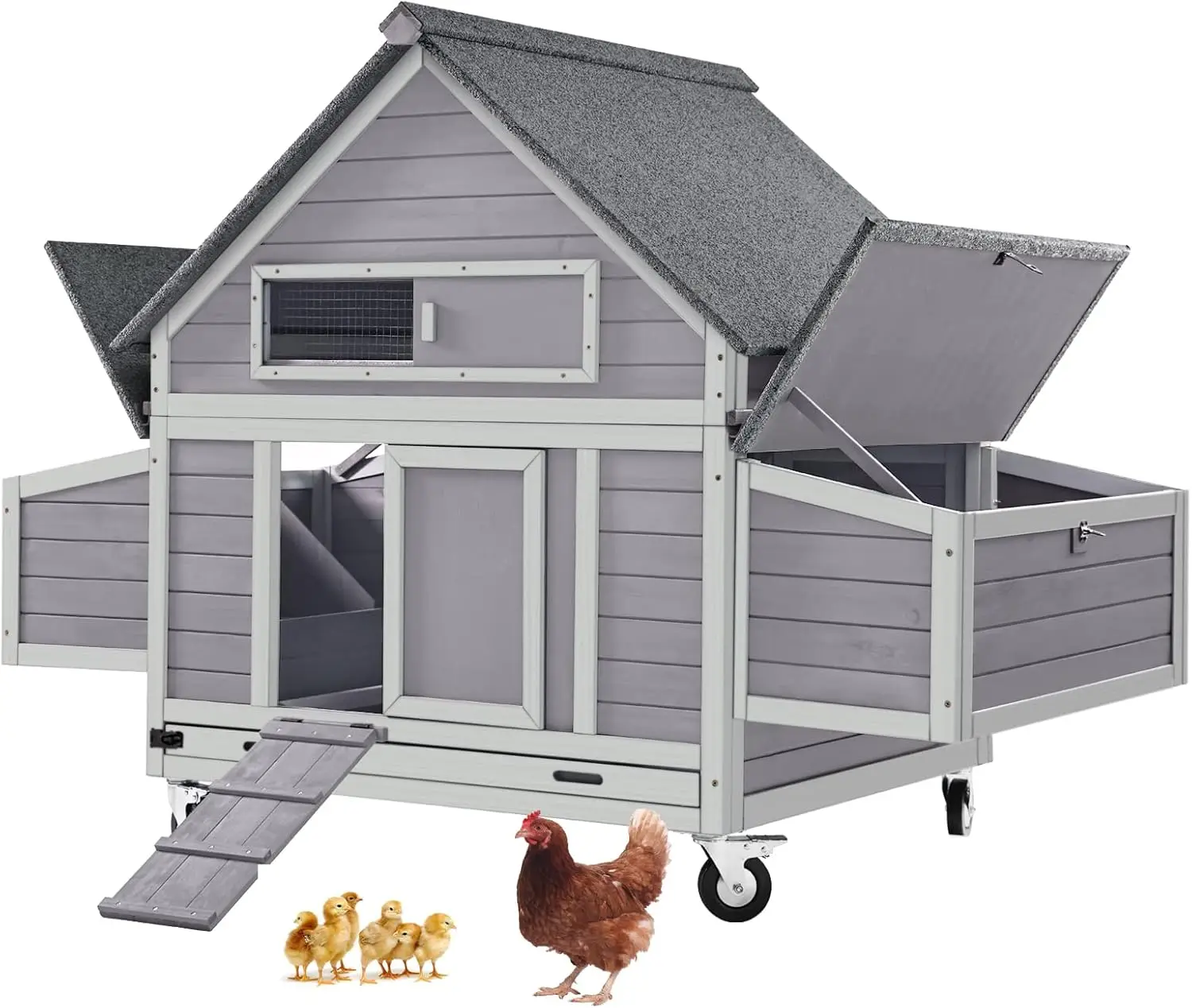 GUTINNEEN Chicken Coop Movable Large Duck Cage On Wheels Outdoor Rabbit Hutch Wooden Hen House with Two Nesting Boxes