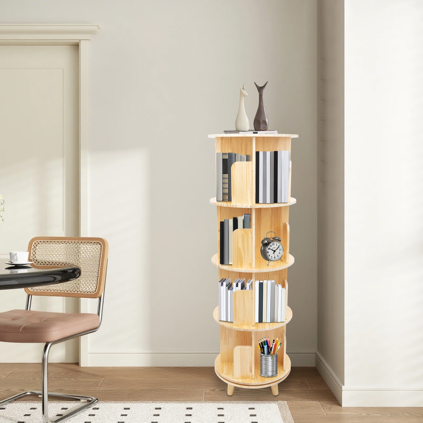 

4-Tier Floor Standing Bookcase Rotating Bookshelf 360 Display Storage Rack for Kids Adults Multi-Functional Organizer