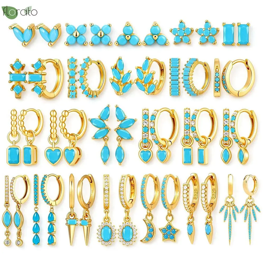 925 Sterling Silver Needle Fashion Turquoise Color Water Drop Pendant Earrings Small Hoop Earrings for Women Luxury Jewelry Gift