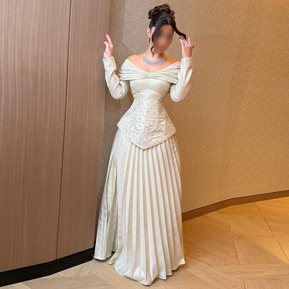 

Customized Off the Shoulder A-Line Long Sleeves Evening Dress High Quality Sweep Train Delicate Crystal Zipper Back Party Dress