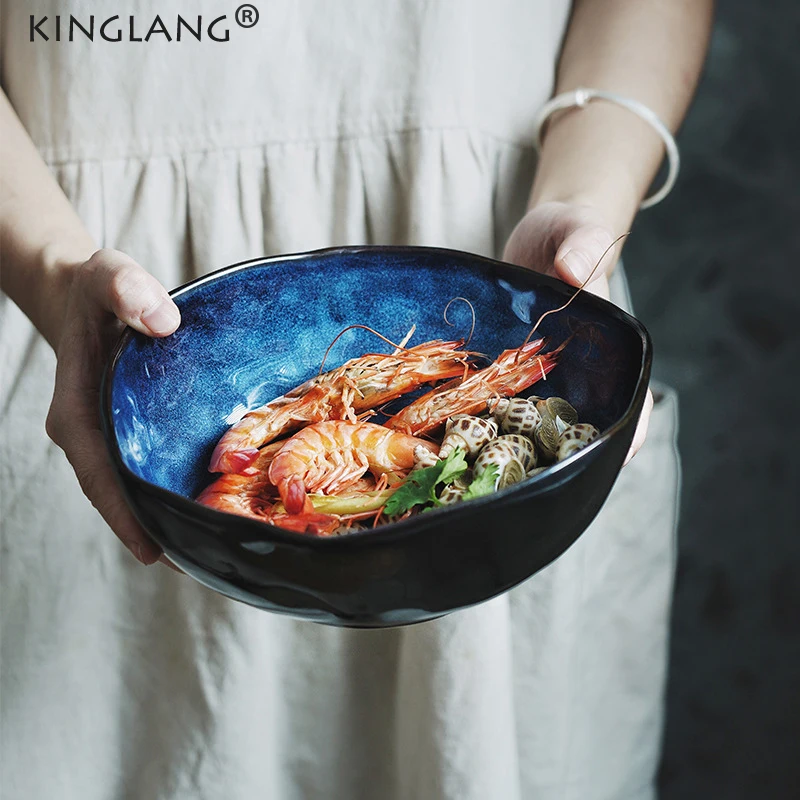 KINGLANG Beautiful Bowl Ceramic Deep Bowl Irregular Creative Dinnerware Blue Color Bowl Dishes Noodle Bowls