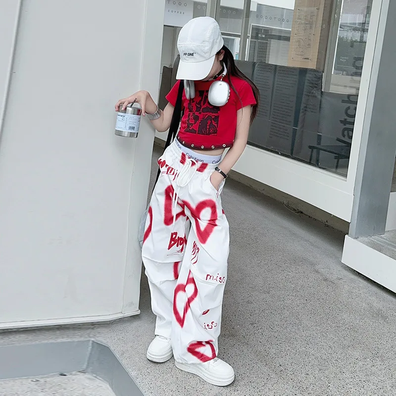 1pc American 2024 summer teens tracksuit Girls cloth heart letters graffiti t-shirt or print long wide leg pant Kid 8 10 12 year