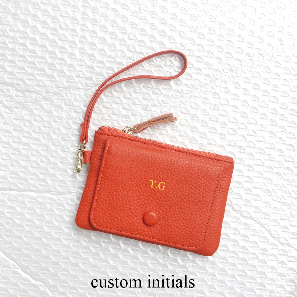 Custom Letters Women Coin Purse Genuine Leather Lady Keychain Card Holder Small Lanyard Wallet Personalize Name Zip Wristlet Bag