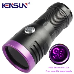 Powerful 4pcs 4-CORE 365NM UV Flashlight Black Mirror Purple light Detection Torch Rechargeable Lantern