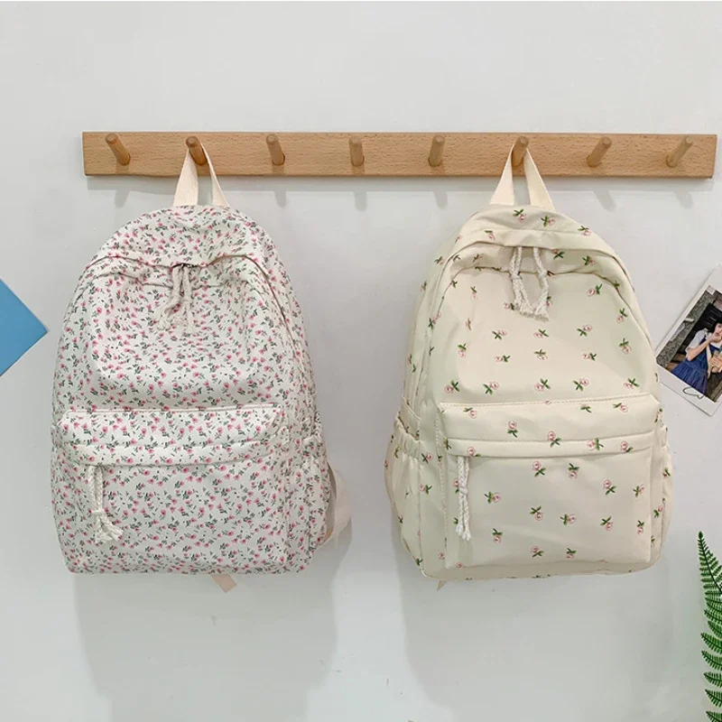 Casual Floral pano escola sacos para mulheres, mochila de nylon impermeável, grande capacidade, livros, papelaria organizador, estudantes