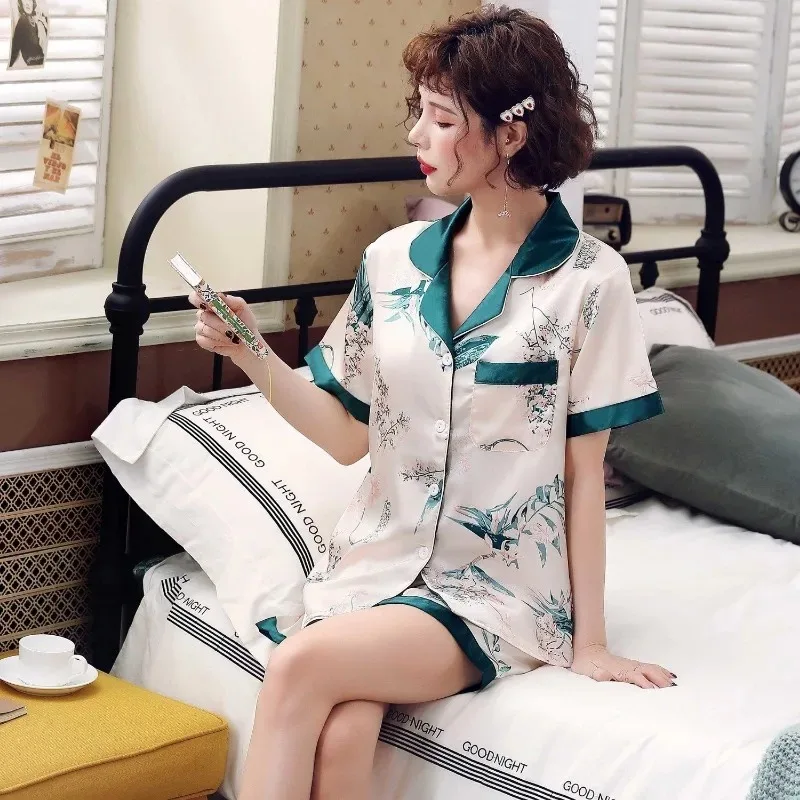 Ice Silk Pajamas Women Three Piece Set Summer Thin Sleepwear High-end Printed New Loungewear Spring Autumn V-neck Loose Homewear