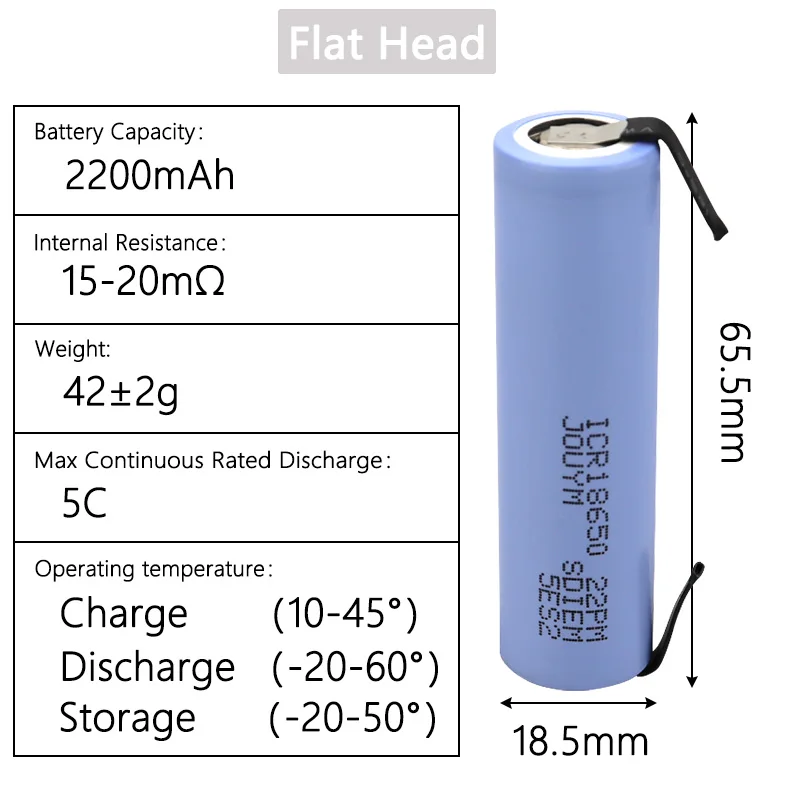 2200mAh 18650 Battery 3.7V Rechargeable Lithium-ion Battery ICR18650 22P M Welding Nickel Batteries(15-20 mohm)