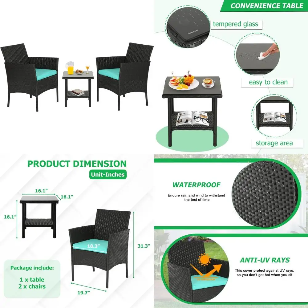 

Outdoor Patio Furniture Set: 3-Piece Wicker Bistro Chairs with Conversation Table and Blue Cushions