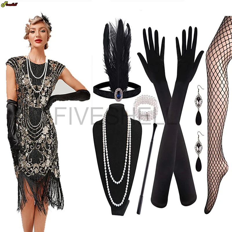 Women 20s Vintage Great Gatsby Cosplay Dress Double V-Neck Sleeveless Beaded Sequin Tassel Vestido Art Deco 1920s Flapper Dress