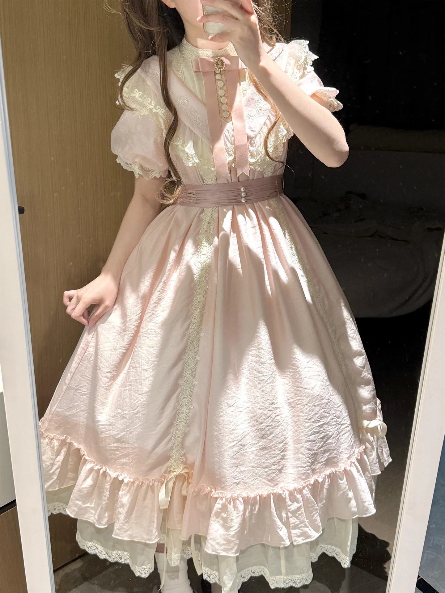 

Women Sweet Lolita Dress Pink Lace Ruffle Hem 2-way Wear Japanese Style Elegant Op Dress Sweet Princess Dress