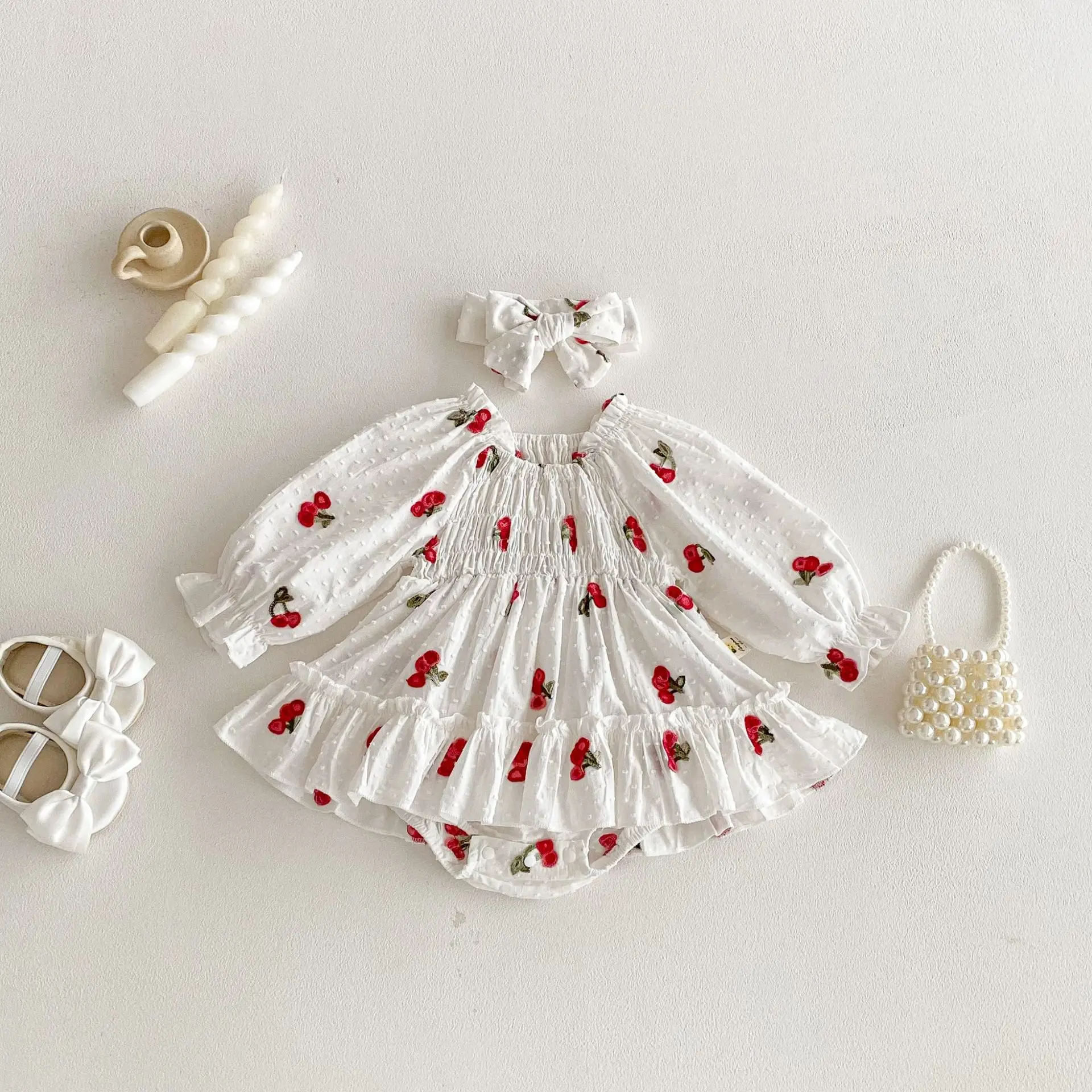 

Детский комбинезон с вышивкой вишни и длинными рукавами, с рюшами, для девочек, на 100-й день рождения, коллекция 2026