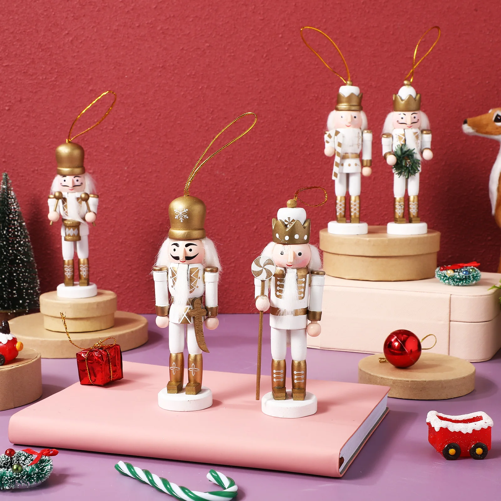 

5 pcs Christmas Nutcracker Hangings Wooden Figures Festive Decor Room Office Table Indoor Holiday Decoration Home Decor