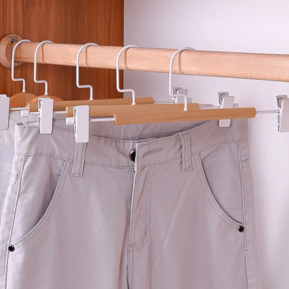 

5Pcs Pants Hanger Wooden Trousers Rack Sturdy Anti-Skid Clamp Heavy Duty Clothes Hanger for Wardrobe Hanging Pants Skirt