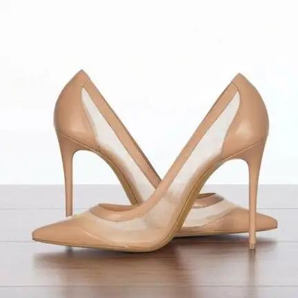 

Sexy Nude Pink Black Suede Mesh Patchwork Shallow Slip On Pumps Women Pointed Toe 8 10 12 CM Thin Heels Bride Wedding Shoes