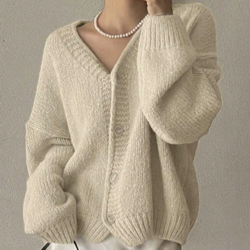 Women V Neck Lantern Sleeve Sweaters Cardigan Solid Loose Knitted Thick Casual Jumpers Buttons Simple Sweater Autumn Winter