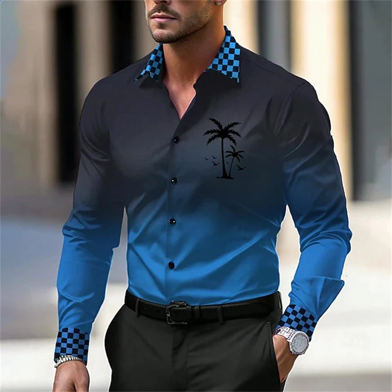 2024 New Elegant Men\'s Long-sleeved Shirt Men\'s Plaid Printed Slim Lapel Shirt Autumn Office Single-breasted Large Size Tops