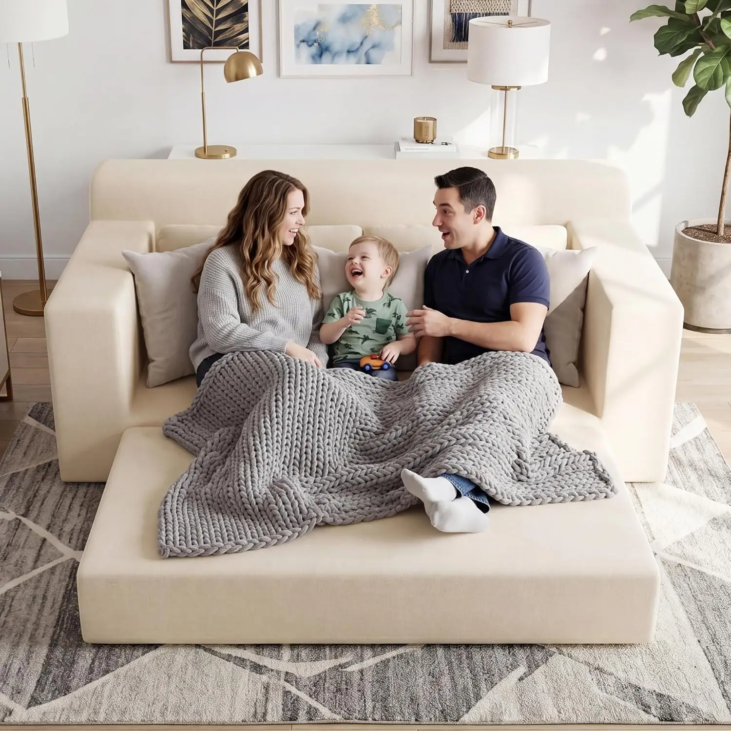 Divano Letto Senza Struttura da 71 Pollici, Divano Pieghevole 4 in 1 a 3 Posti per Soggiorno, Divano Cloud Senza Struttura con Tasca Portaoggetti e 2 Cuscini, Beige