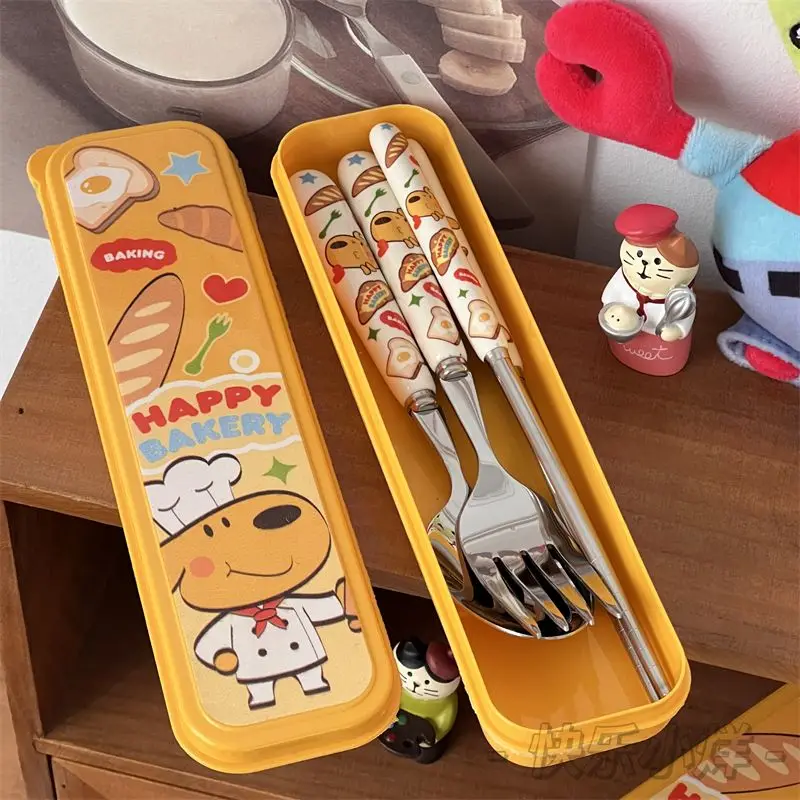 Anpanman Set di stoviglie in acciaio inossidabile Cartoon Kawaii Forks cucchiai Cute Student Portable stoviglie Storage Box regalo per bambini