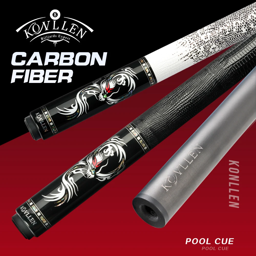 KONLLEN Carbon Fiber Pool Cue Stick PRO Taper Shaft Super Low Deflection Billiard Pool Cue Ebony Hand-Made Inlay Billiard Cues