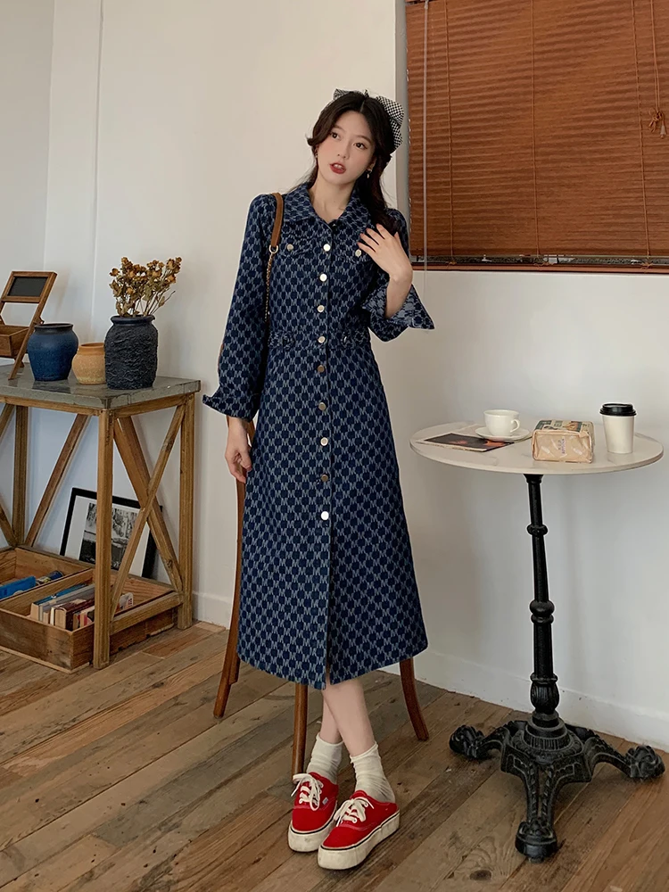 Women Denim Long Dresses Female Lapel Collar Long Sleeve Large Size Elegant A Line Autumn ​Winter Single-breasted Blue Vestidos