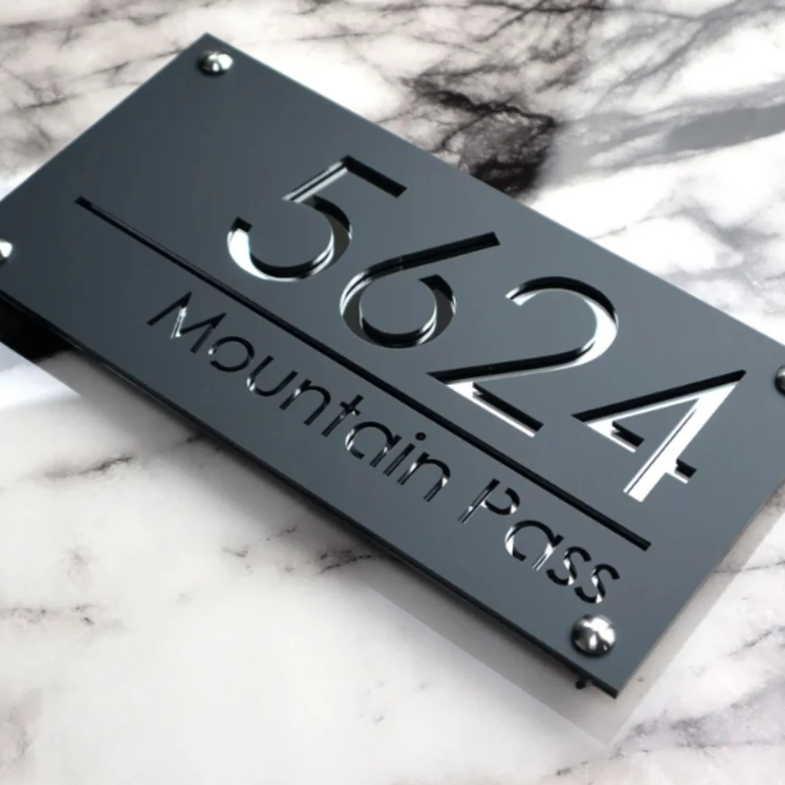 House Wall Plaques Precision Laser Cut Acrylic House Number Sign  Matt Gray Anthracite And Silver Mirror 280mm x 140mm