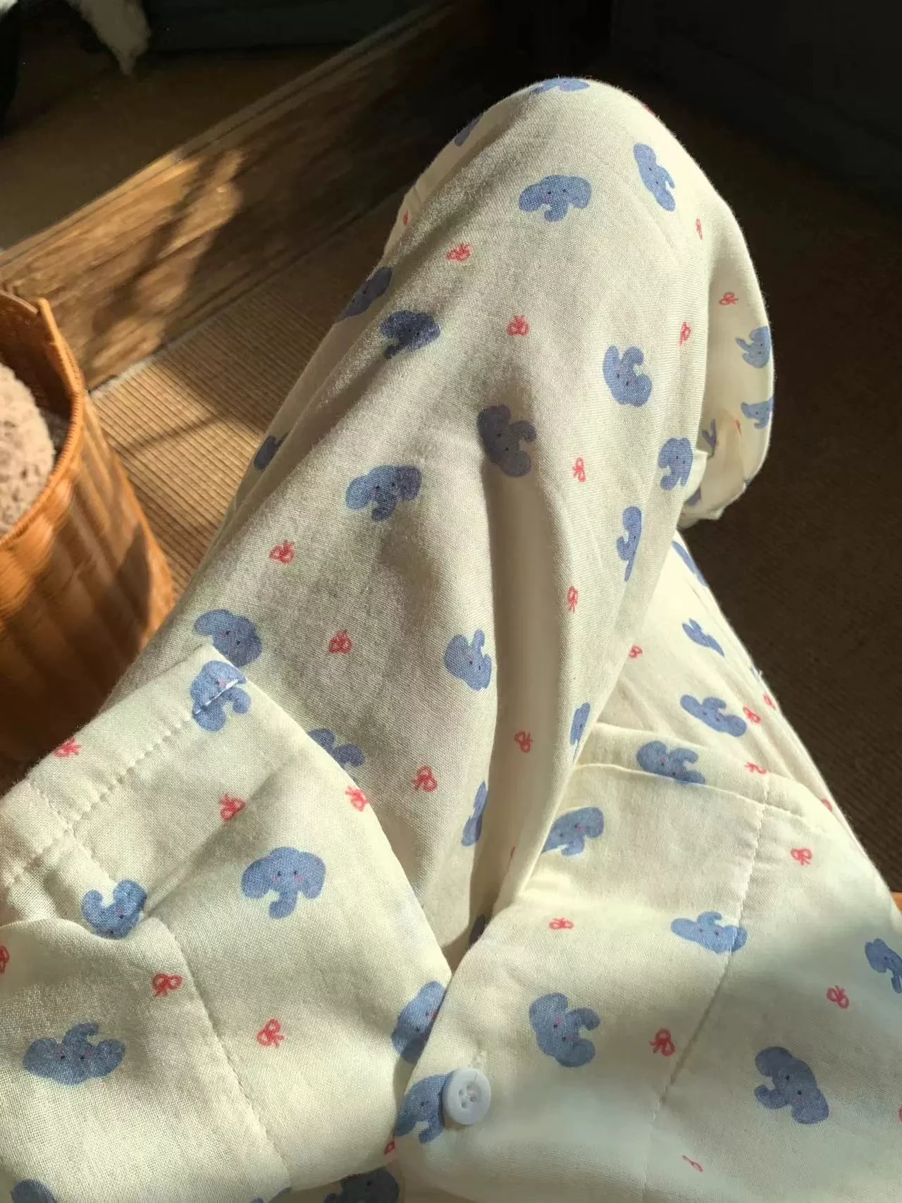 Cotton Double-layer Yarn Cartoon Baby Elephant Light-colored Pajamas Japanese Girls Thin Skin-friendly Soft Casual Loungewear