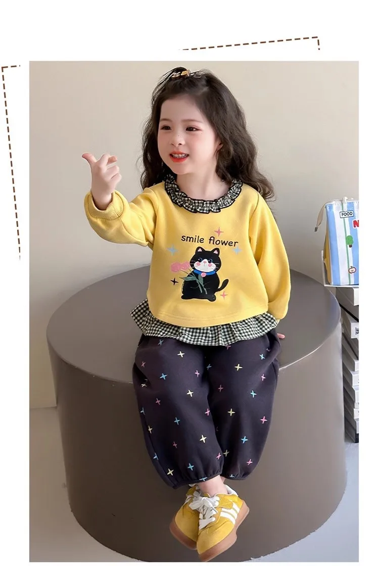 2026 Herbst Baby-Mädchen-Kleidungssets, Kinder-Sweatshirt mit Rüschenkragen und Cartoon-Print + Hose mit Sternenmuster, 2-teiliger Freizeitanzug für Kinder – Detail 6