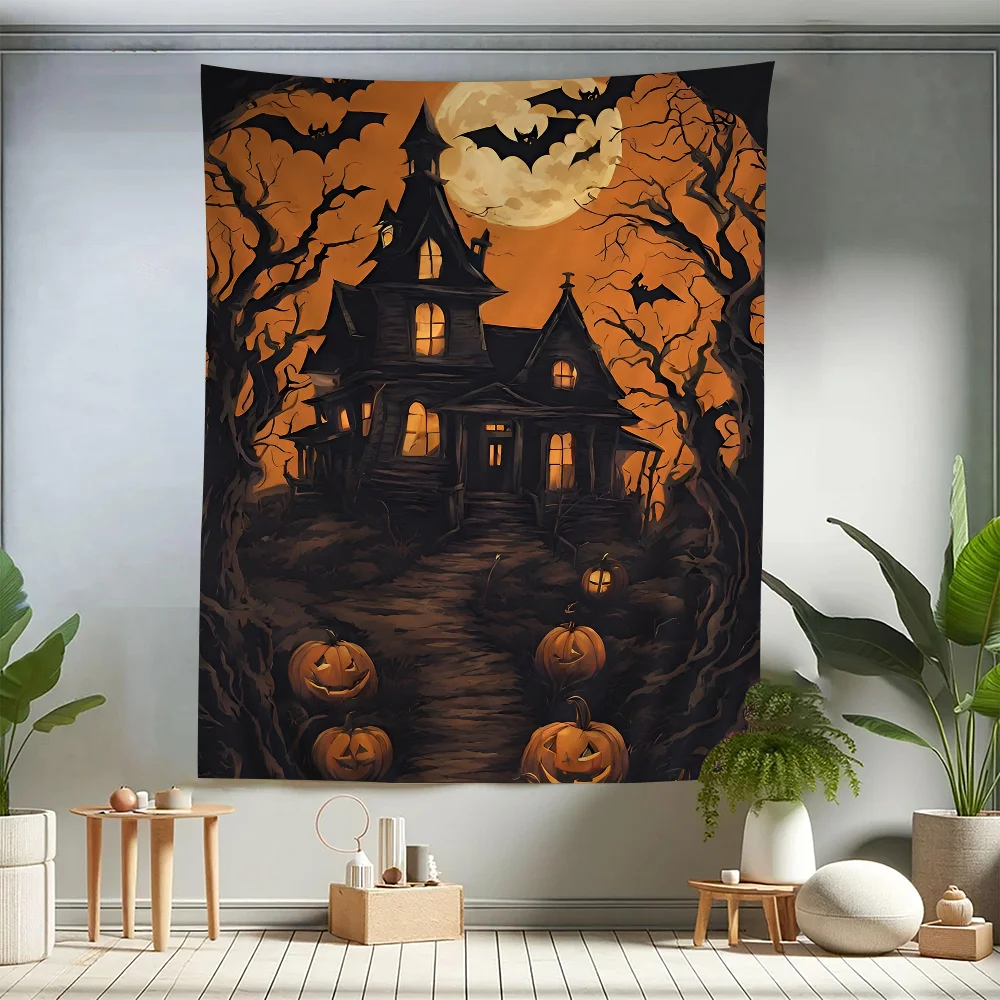

MINISO1pcs Halloween Theme Cute Ghost Halloween Magic Black Cat Secret Room Wallpaper Party Decoration Horror Tapestry Orange an