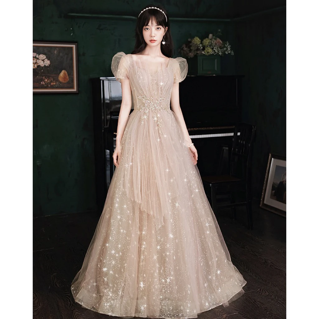 

Light Champagne Bridesmaid Dresses Star Sequins Shiny Applique Puff Sleeve Charming Pleated Bridal Wedding Evening Dance Gowns