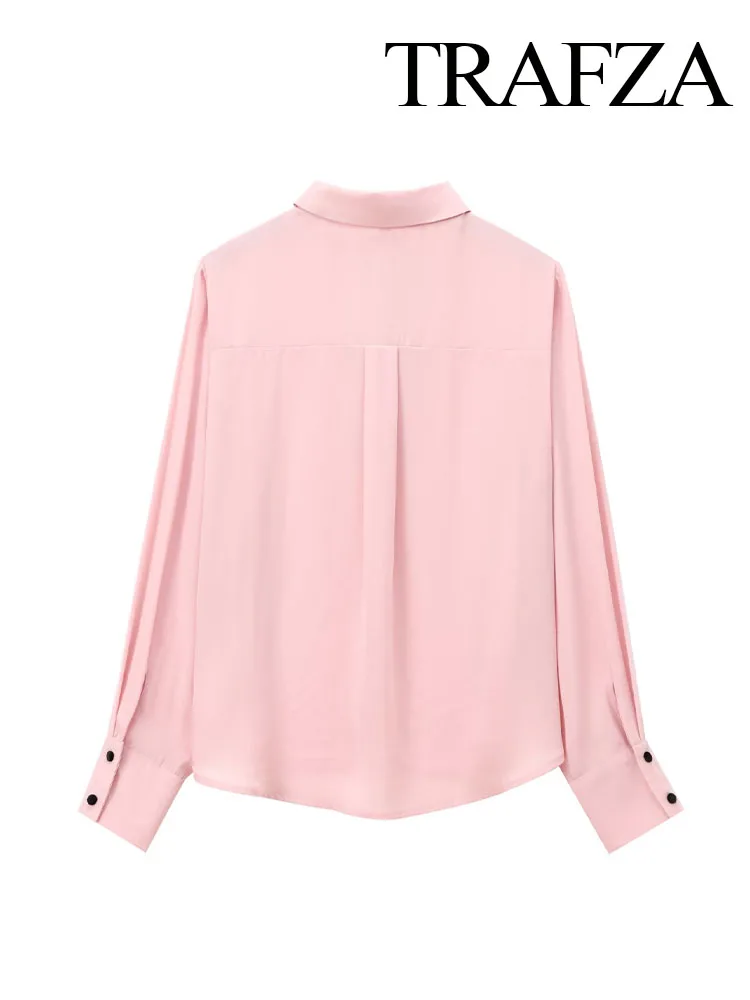 TRAFZA Female Autumn Casual Chic Shirts Pink Turn-Down Collar Long Sleeve Bow Decorate Single Breasted Women Fashion Blouses