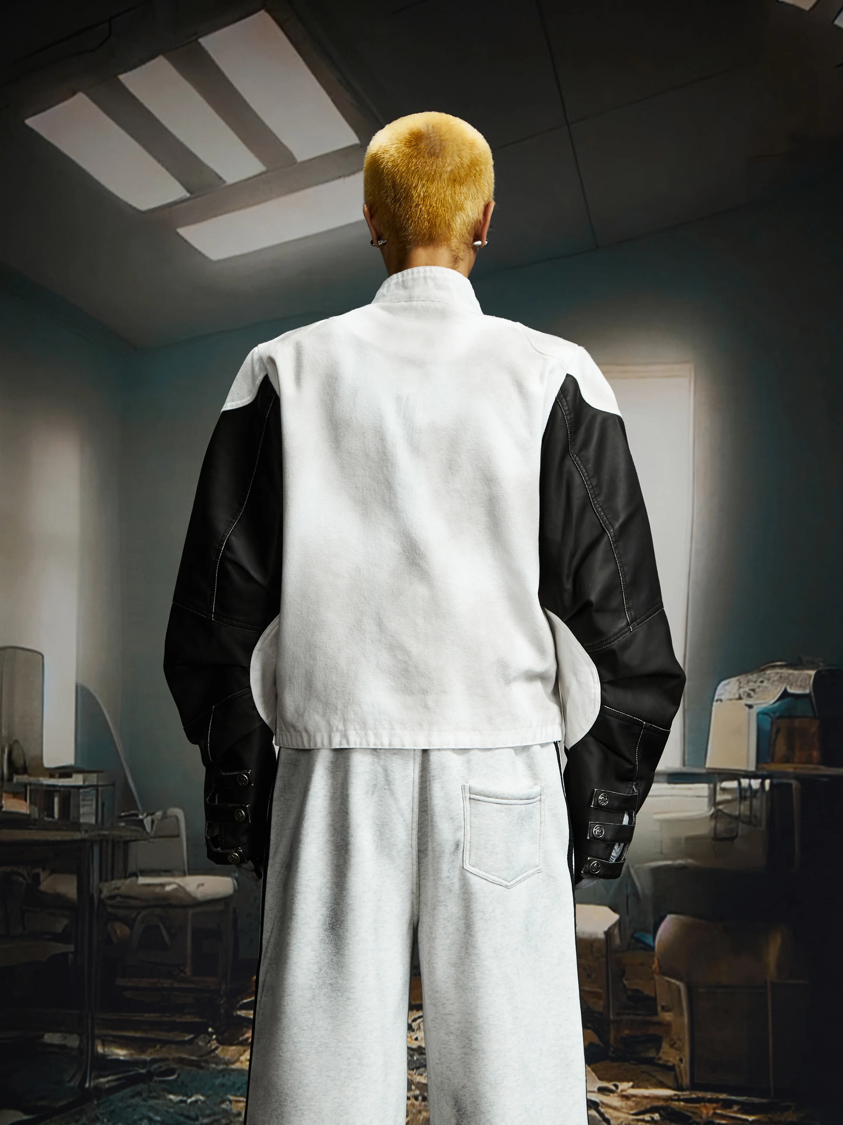 

Retro Washed Skull Digital Printing Patchwork Stand-up Collar PU Leather Jacket Coat